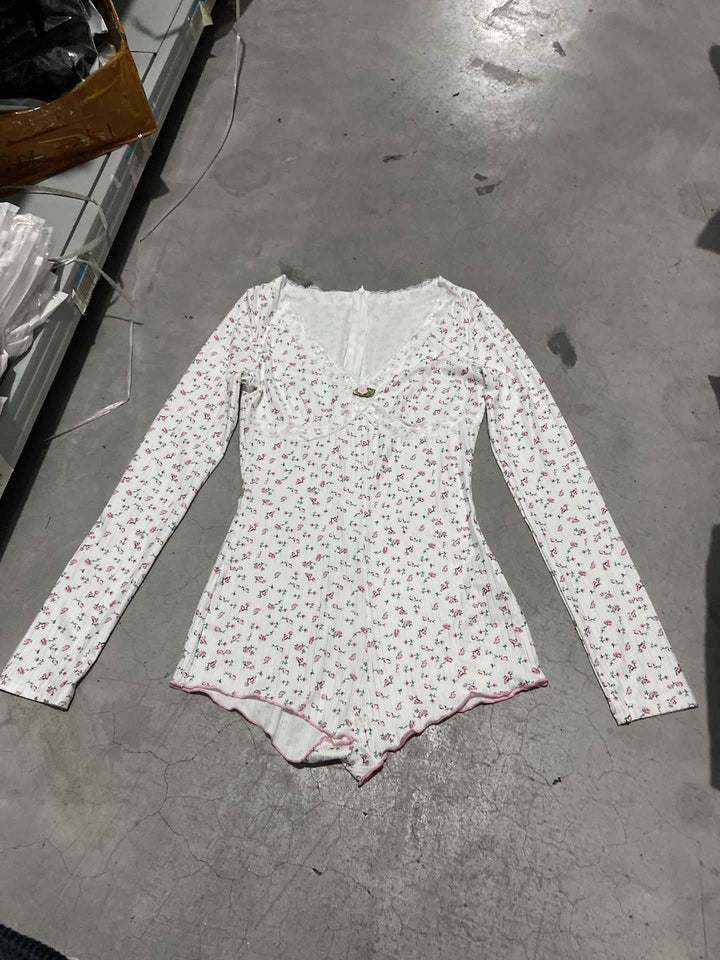 Damen Schlafbody mit zarter Spitzenverzierung und floralem Design Drune