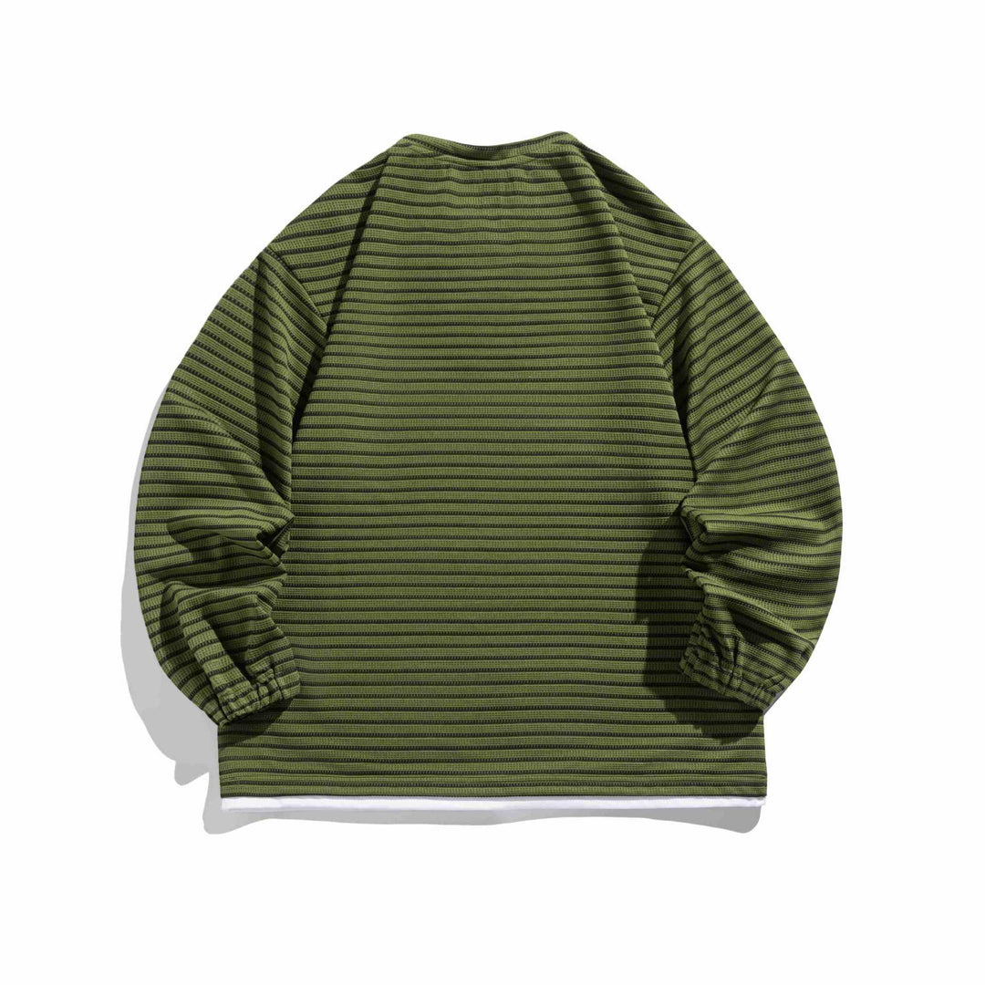 Unisex Gestreifter Waffelstruktur-Pullover mit Schnürverschluss und Raglanärmeln Drune