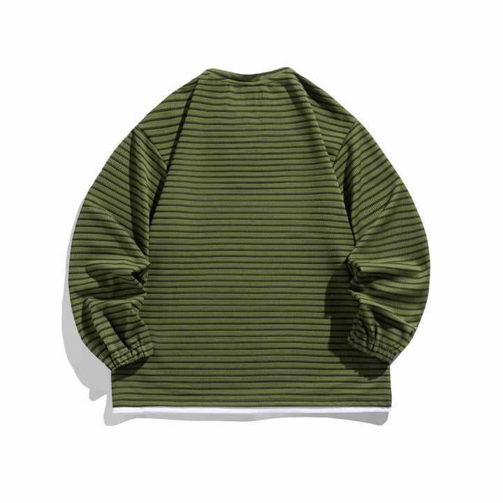 Unisex Gestreifter Waffelstruktur-Pullover mit Schnürverschluss und Raglanärmeln Drune
