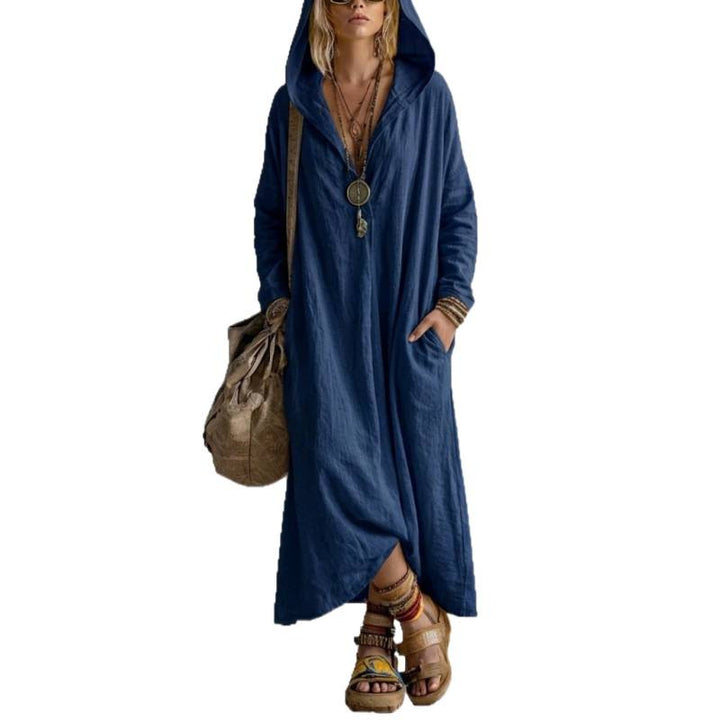 Damen Langes Kapuzenkleid im Boho-Look mit V-Ausschnitt, Eingrifftaschen und lockerem Fall Drune