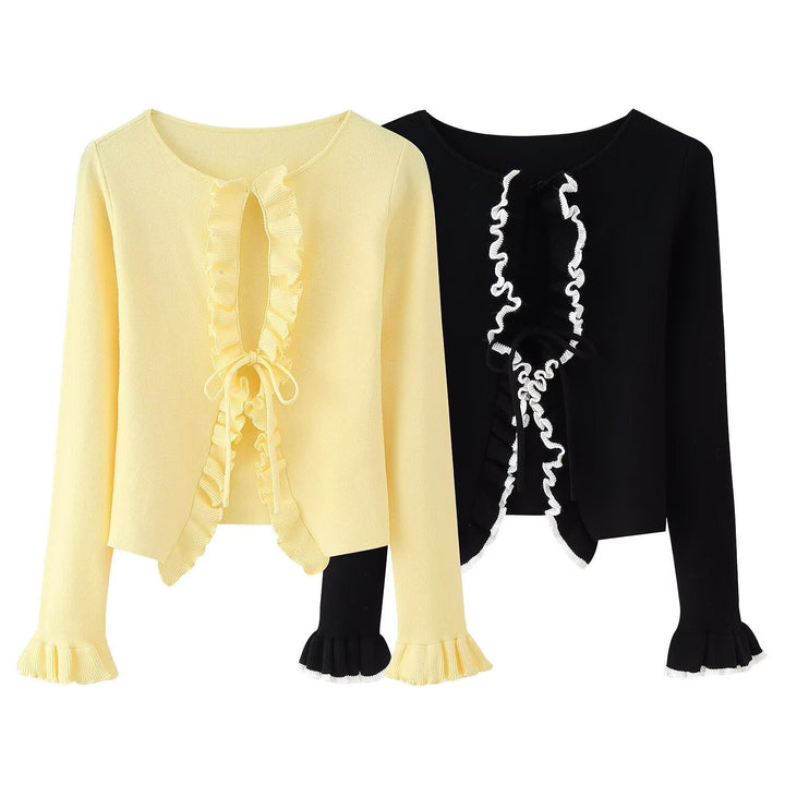 Damen Strickjacke mit Rüschen und Bändern Drune