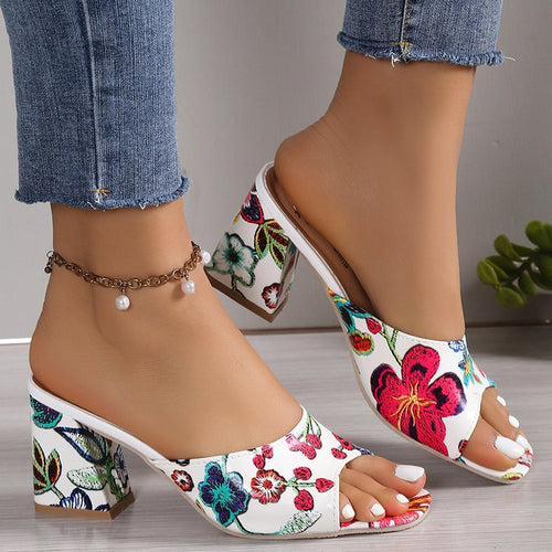 Damen Mules mit floralem Design und komfortablem Blockabsatz Drune