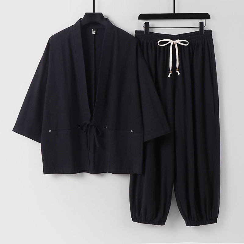Unisex Lockeres Kimono-Loungewear-Set aus atmungsaktivem Baumwollmix mit Kordelbund und gerafften Knöcheln Drune