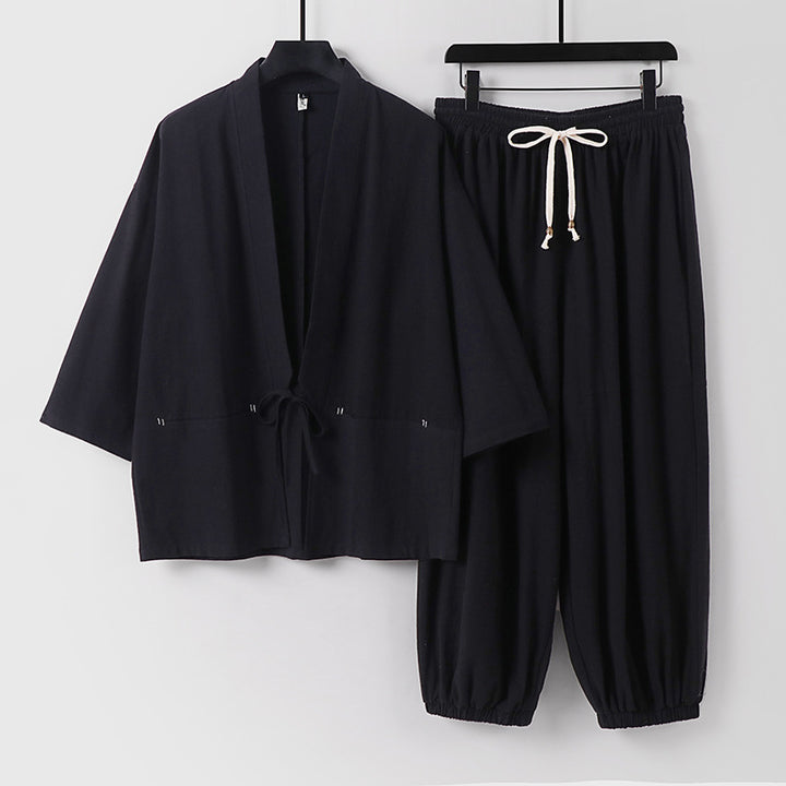 Unisex Lockeres Kimono-Loungewear-Set aus atmungsaktivem Baumwollmix mit Kordelbund und gerafften Knöcheln Drune