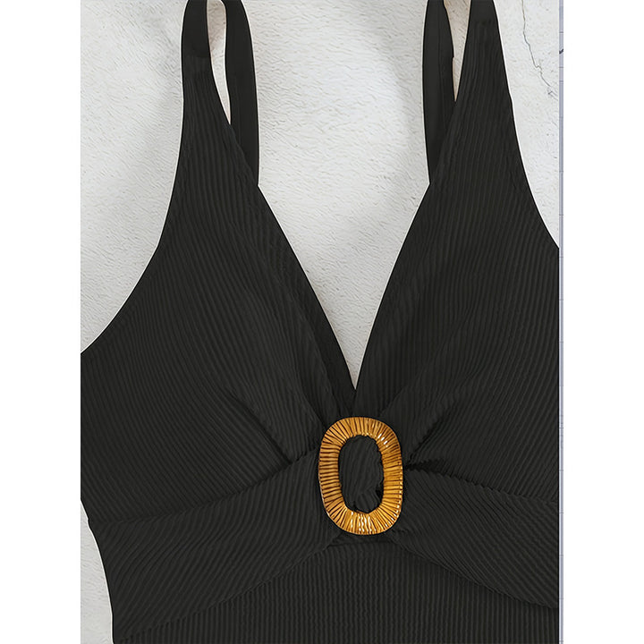 Damen Einteiler Badeanzug mit elegantem V-Ausschnitt und dekorativem Ring Drune
