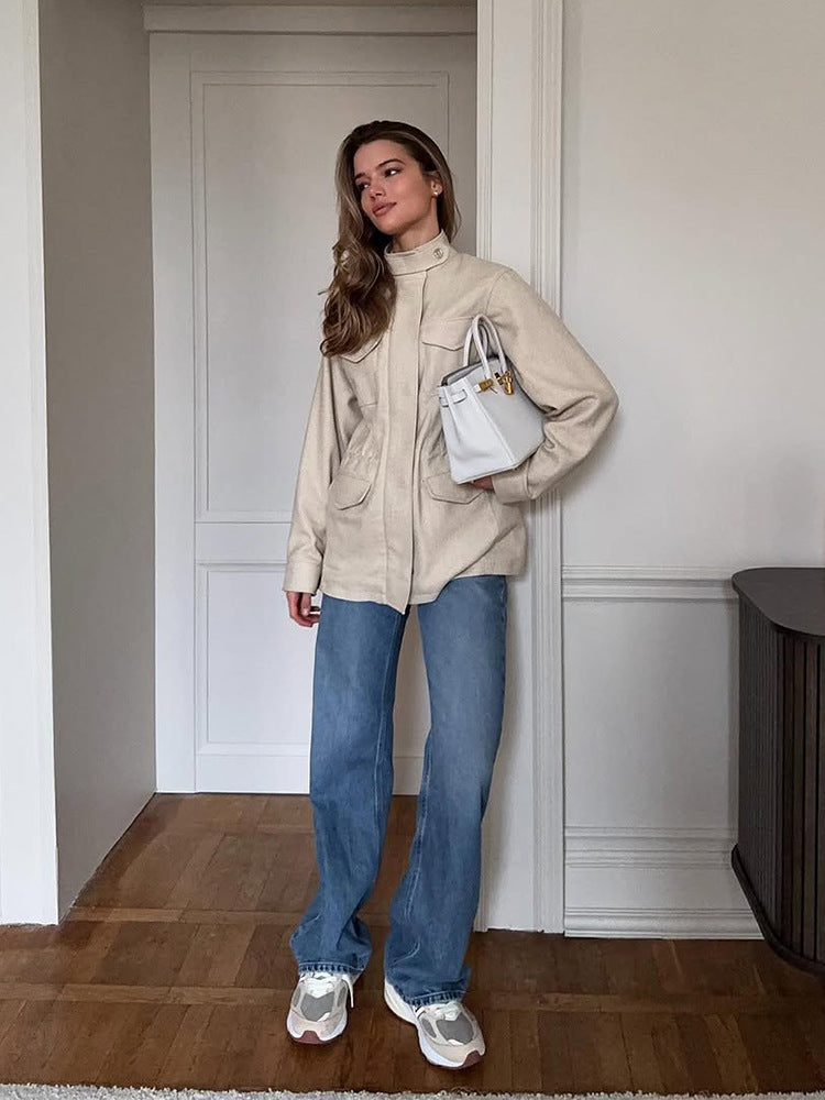 Damen lässige Utility-Jacke mit hohem Kragen und praktischen Taschen Drune