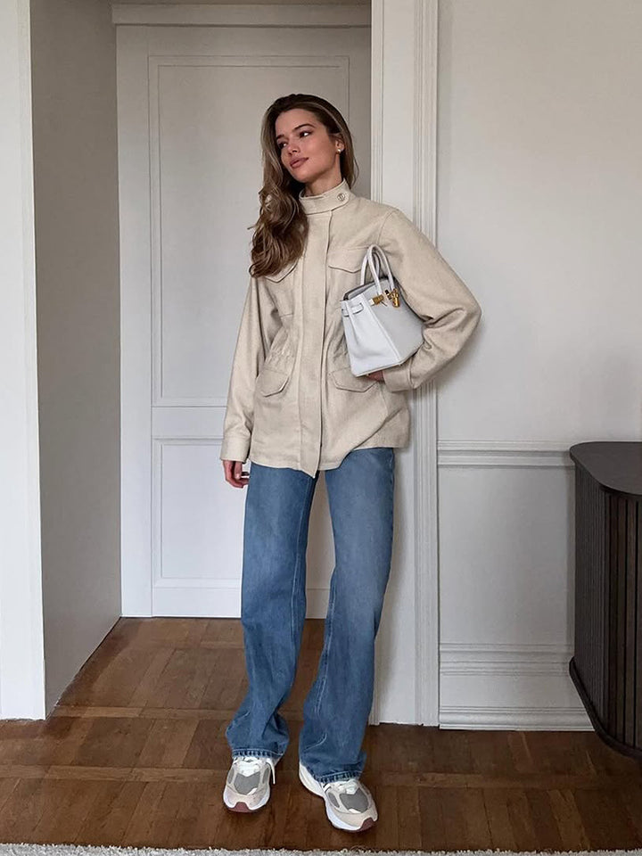 Damen lässige Utility-Jacke mit hohem Kragen und praktischen Taschen Drune