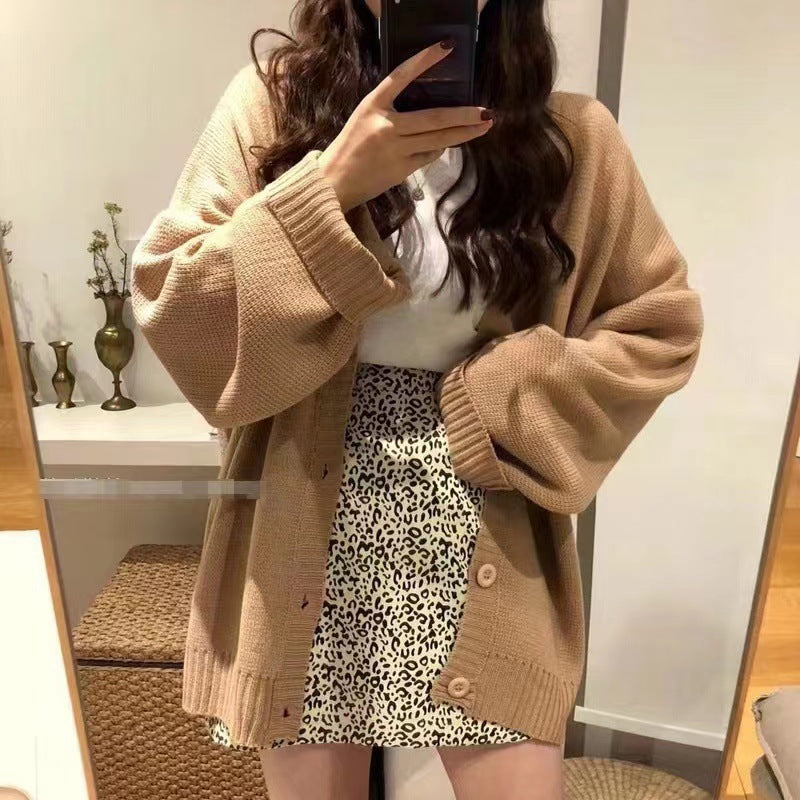Damen lässiger Strickcardigan mit voluminösen Ärmeln und Knopfleiste Drune