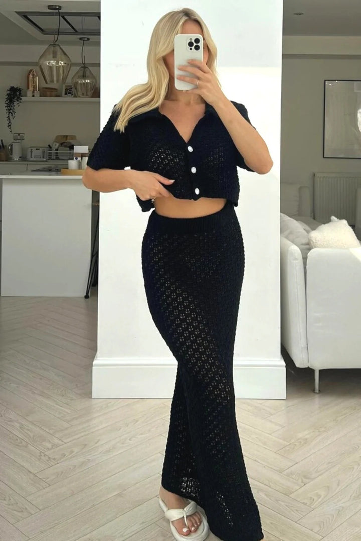 Damen lässiges Strick-Set mit cropped Jacke und Wickelrock Drune