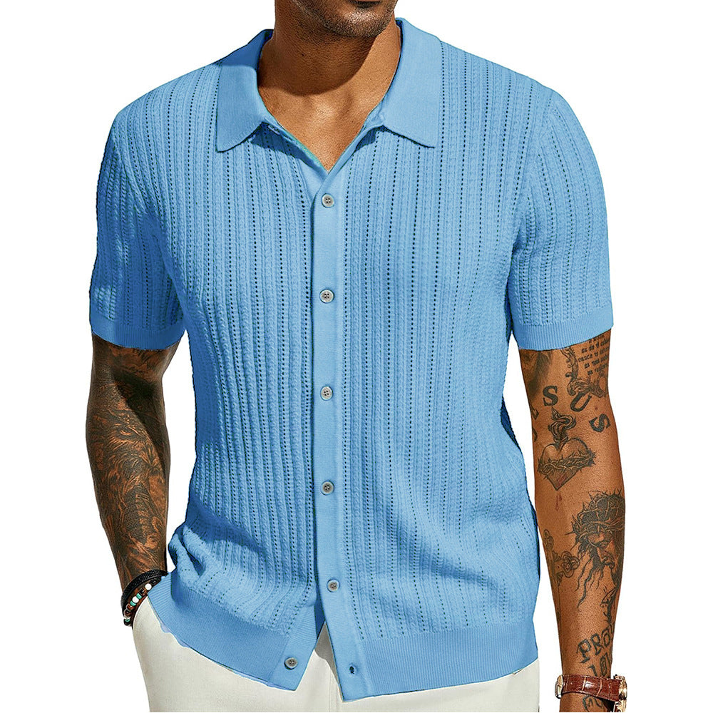 Herren Kurzarm Strickhemd mit feiner Lochstruktur und klassischem Kragen Drune