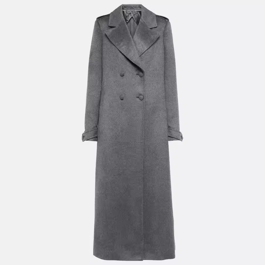 Damen Bodenlanger Zweireihiger Mantel im Vintage-Tailoring mit breitem Schalkragen Drune