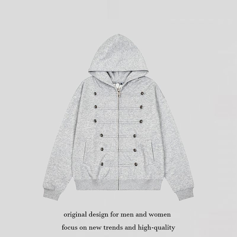 Damen Kapuzen-Sweatjacke mit dekorischer Doppelknopfleiste und Reißverschluss Drune