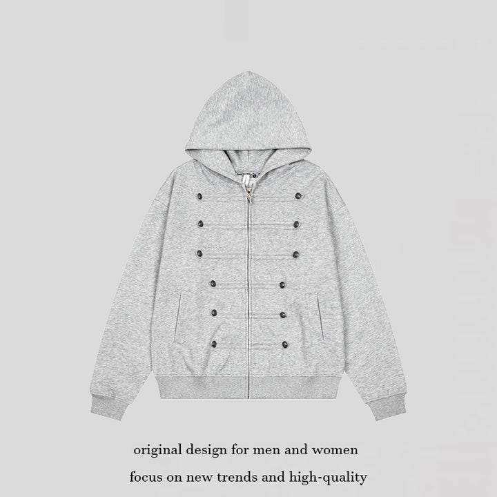 Damen Kapuzen-Sweatjacke mit dekorischer Doppelknopfleiste und Reißverschluss Drune