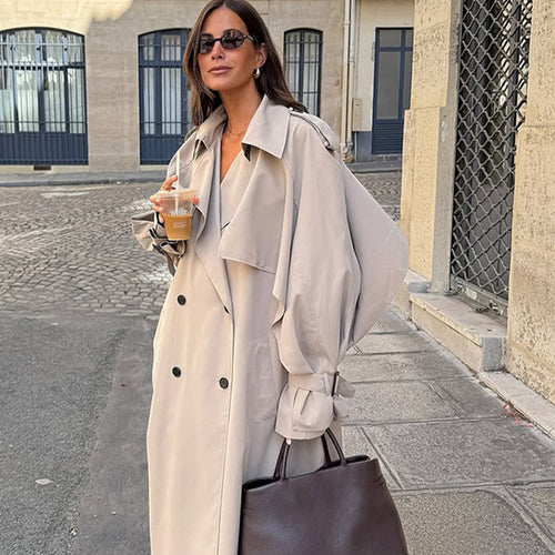 Damen Oversize Trenchcoat aus leichtem Gabardine mit Schulterklappen und Wasserfallkragen Drune