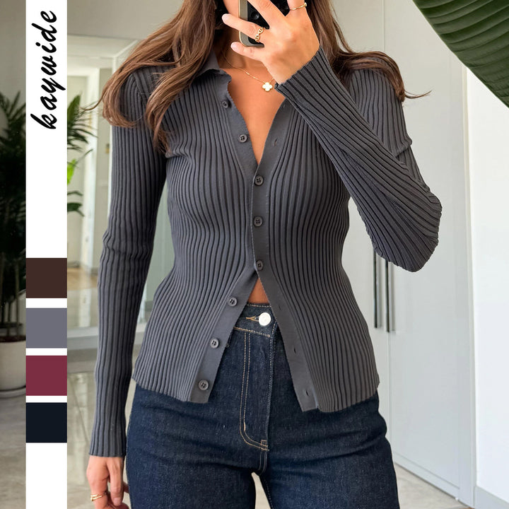 Damen nan taillierter Rippstrick-Cardigan mit verdeckter Knopfleiste und wellenförmigem Saum Drune
