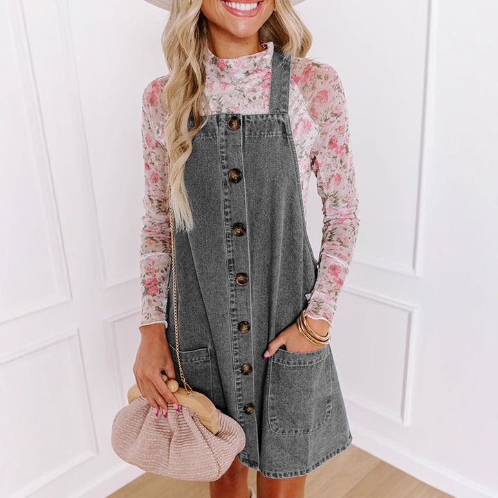 Damen Jeans-Latzkleid mit praktischen Taschen und Knopfdetails Drune