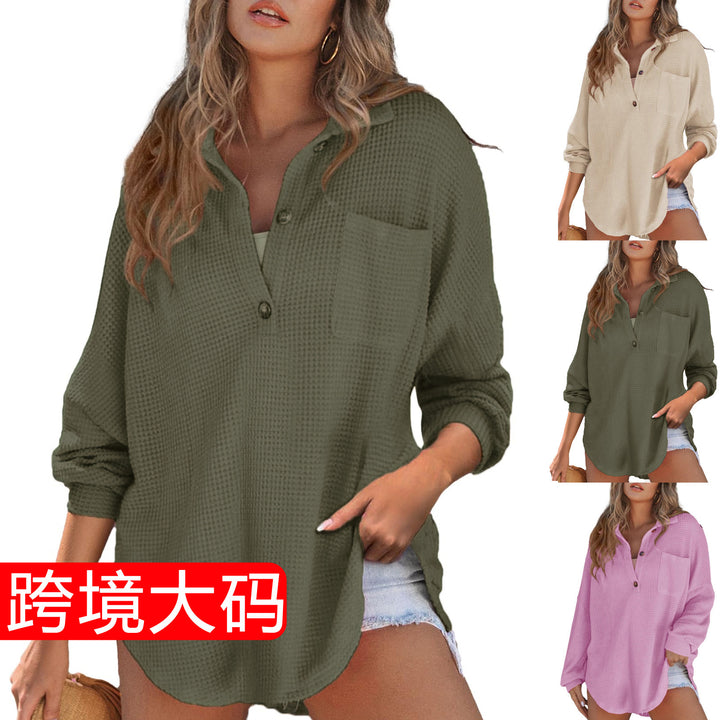Damen Oversize Waffelstrick-Hemdbluse mit Kentkragen, Brusttasche und gerundetem Saum Drune