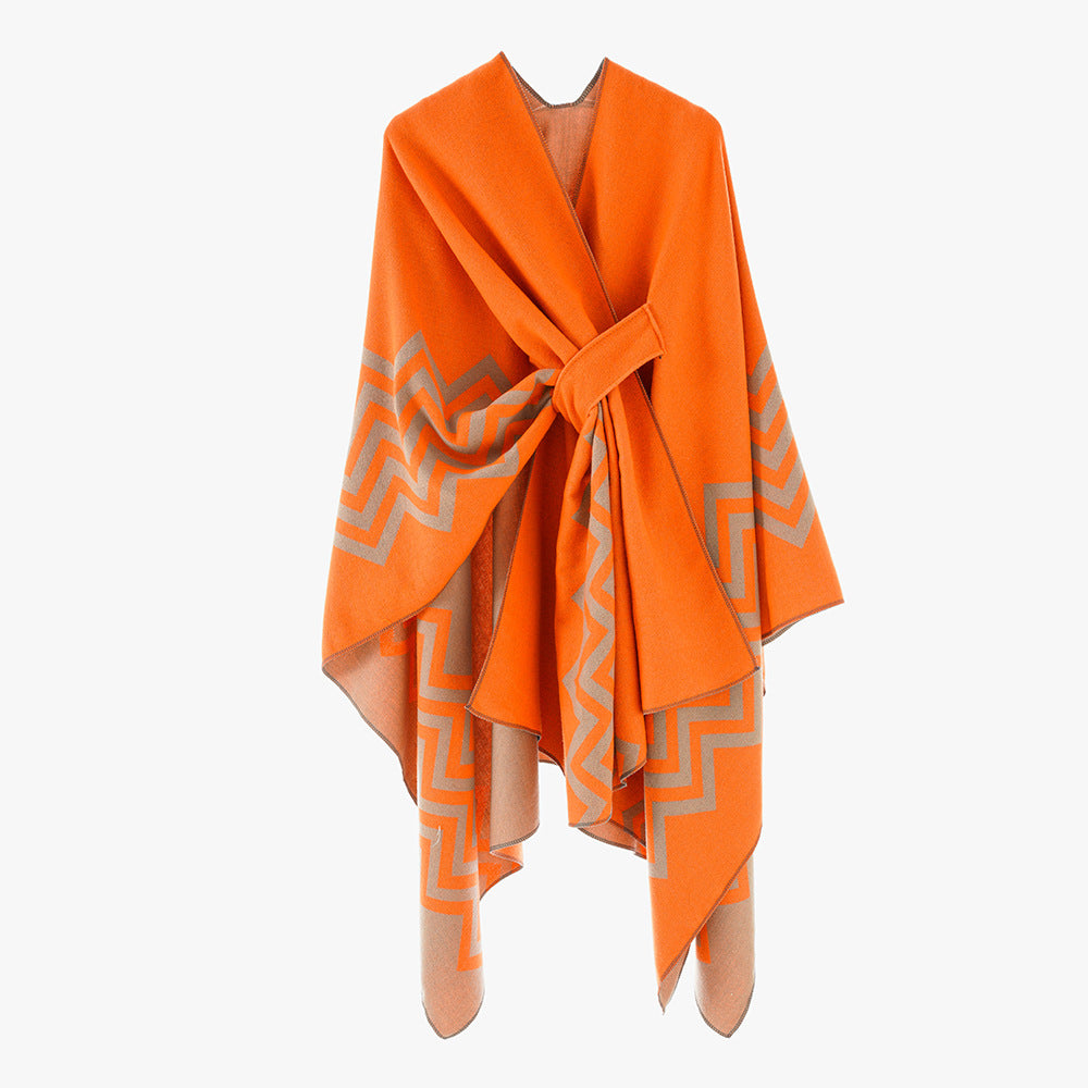 Damen Wollmix-Capeponcho mit Bindegürtel und grafischem Zickzackmuster Drune