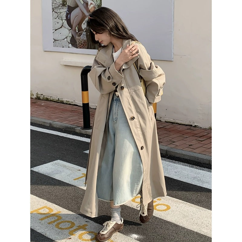 Damen Langer leichter Trenchcoat im Oversize-Stil mit geradem Schnitt und verdeckter Knopfleiste Drune