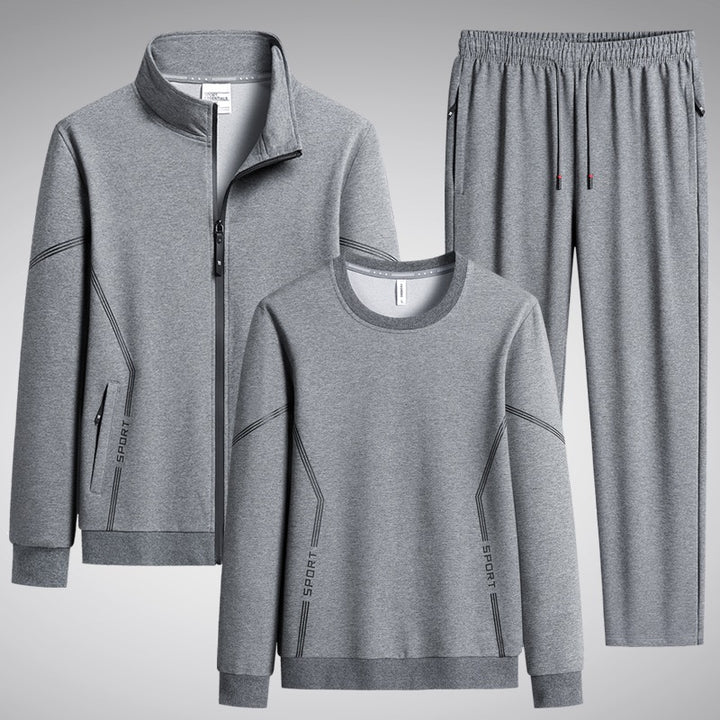 Herren Dreiteiliges Performance-Trainingsset mit Stehkragen-Zipjacke, Rundhals-Sweater & tapered Jogginghose Drune