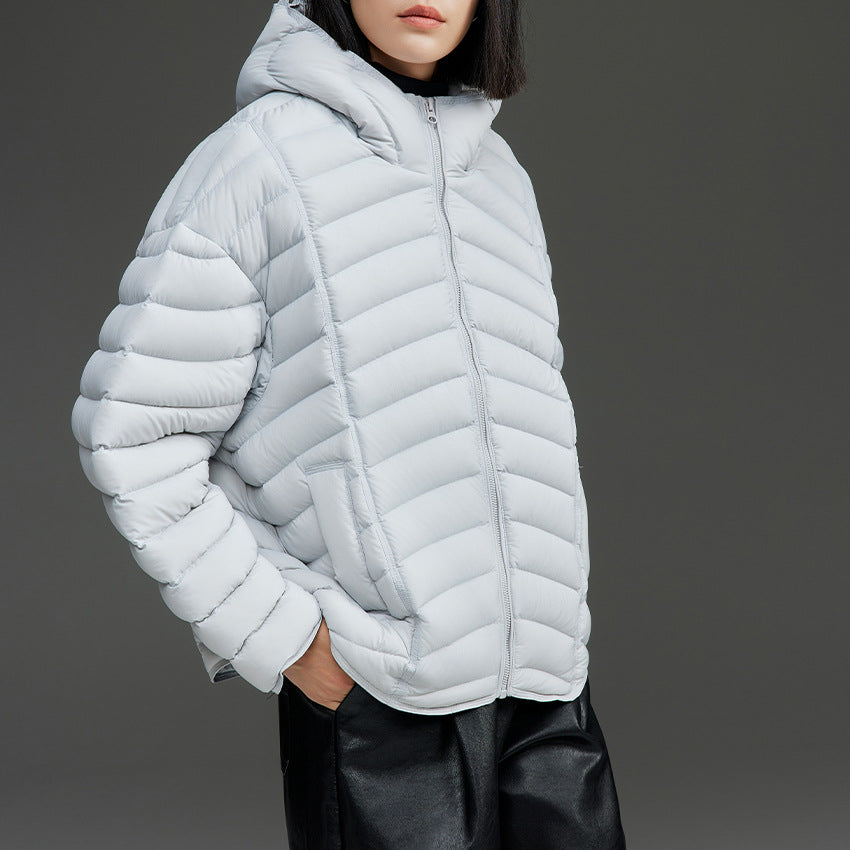 Damen Ultraleichte gesteppte Daunenjacke mit Kapuze und winddichter Außenhülle Drune