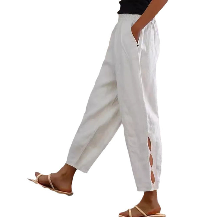 Damen Leichte Leinenhose mit seitlichen Schlitzen und elastischem Bund Drune