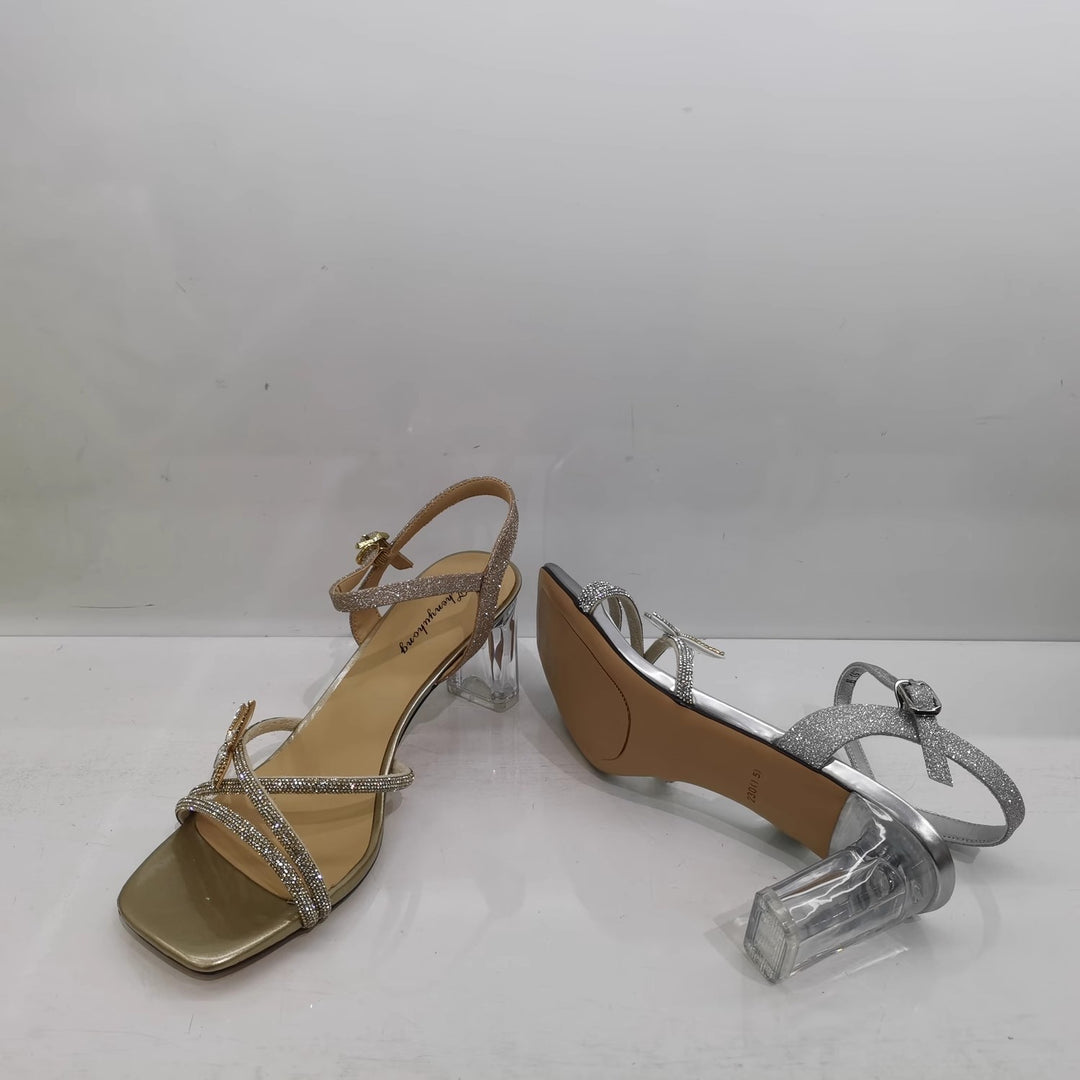 Damen Sandalette mit transparentem Blockabsatz, quadratischer Zehenbox und funkelnden Riemchen Drune