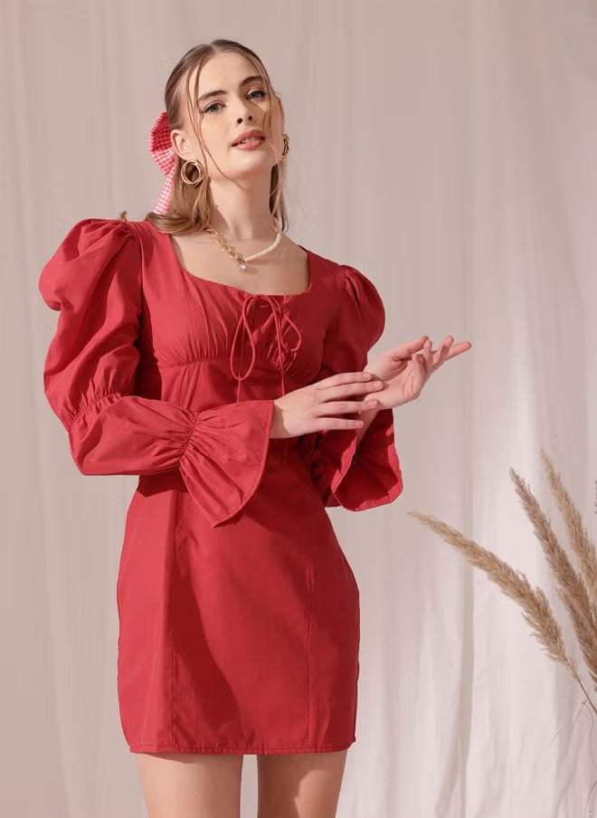 Damen Puffärmeliges Mini-Kleid mit eckigem Ausschnitt, Kordel-Bustier und Glockenärmeln Drune