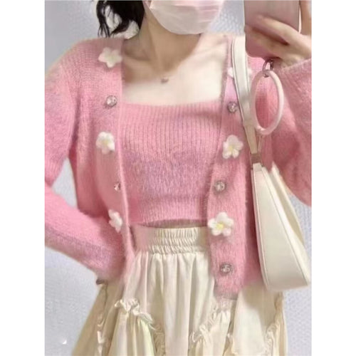Damen modisches Strick-Top mit floralem Design und dazu passender offener Strickjacke Drune