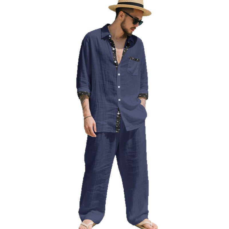 Herren Leinenoptik-Loungewear-Set mit Kordelzughose und offenem Hemdjacke Drune
