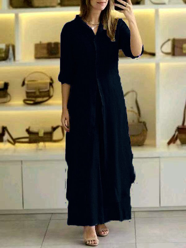 Damen nan langes Leinen-Hemdblusenkleid mit durchgehender Knopfleiste, Hemdkragen und dezentem A-Linien-Schnitt Drune