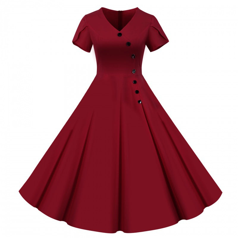Damen Swingkleid mit knöpfbarem V-Ausschnitt und weit schwingendem Rock Drune