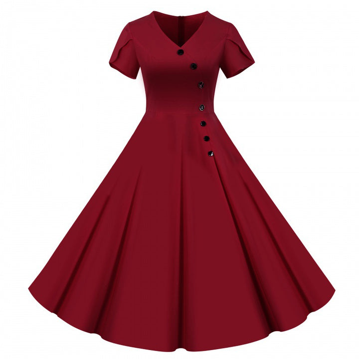 Damen Swingkleid mit knöpfbarem V-Ausschnitt und weit schwingendem Rock Drune