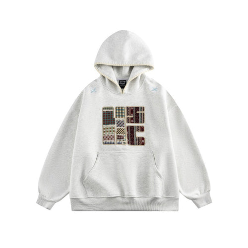 Unisex Weit geschnittener Kapuzenpullover mit Patchwork-Applikation und Kängurutasche Drune