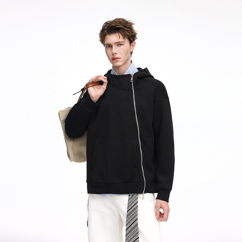 Unisex Asymmetrischer Kapuzenpullover mit hohem Kragen, diagonalem Reißverschluss und Kängurutasche Drune