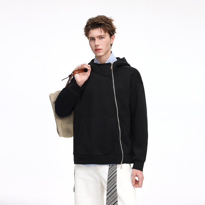 Unisex Asymmetrischer Kapuzenpullover mit hohem Kragen, diagonalem Reißverschluss und Kängurutasche Drune