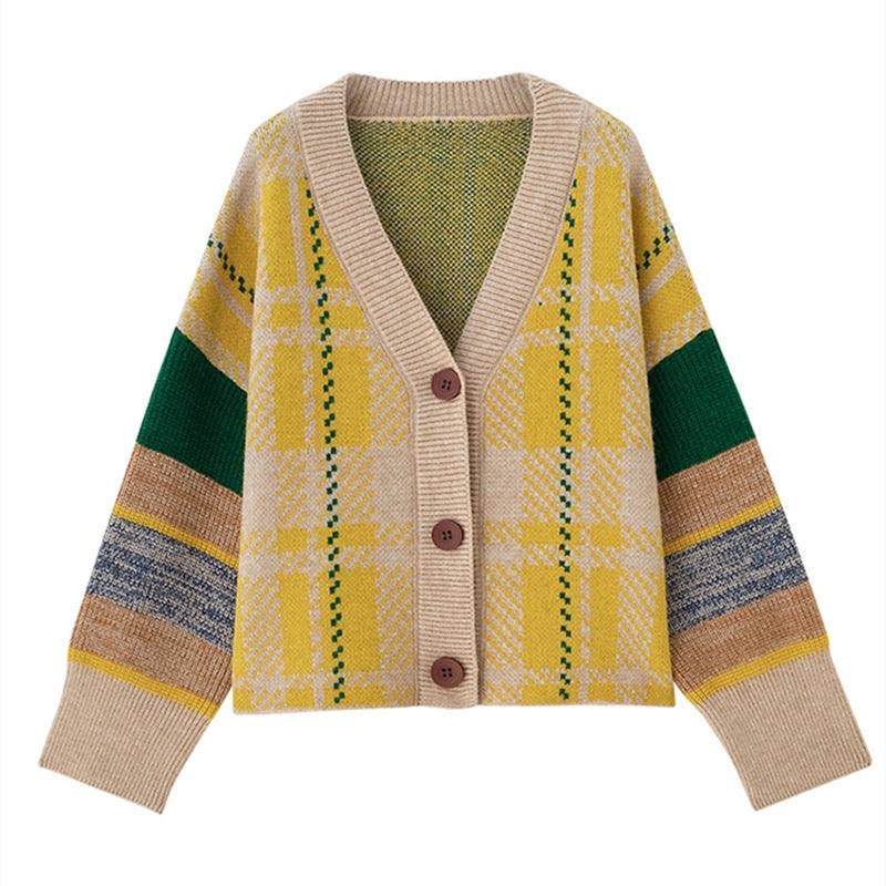 Damen Grobstrick-Cardigan mit buntem Karomuster und großen Holzknöpfen Drune