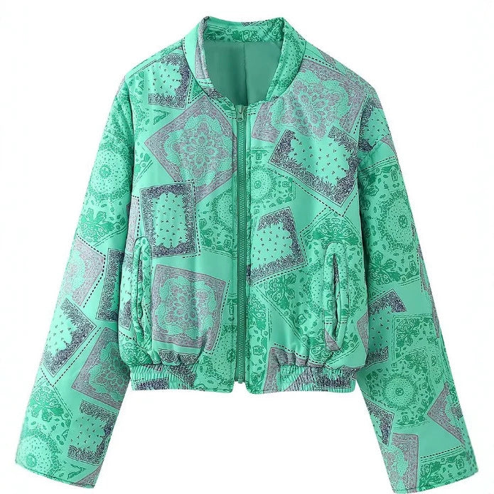 Damen Cropped Bomberjacke mit Bandana‑Print und gesteppter Optik Drune