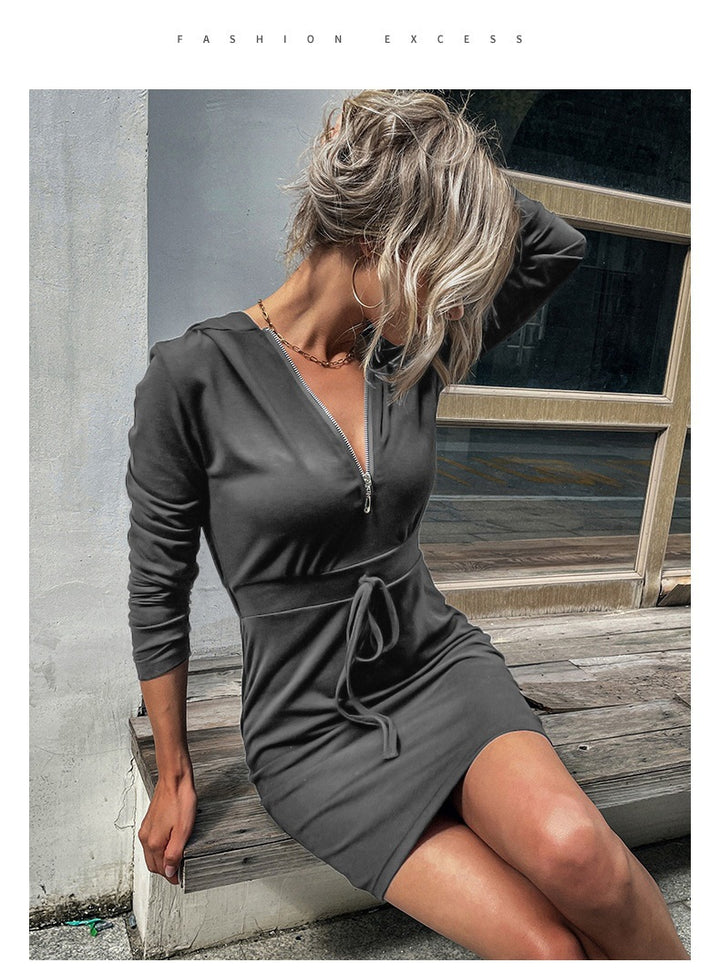 Damen sportliches Kleid mit Reißverschluss und regulierbarem Gürtel Drune