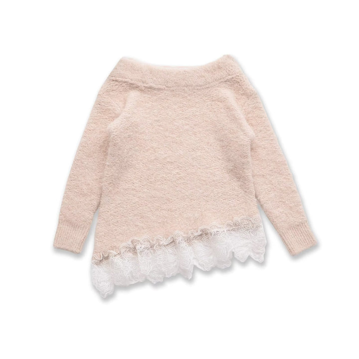 Damen Flauschiger Strickpullover mit weitem Bootkragen und Spitzenbesatz Drune