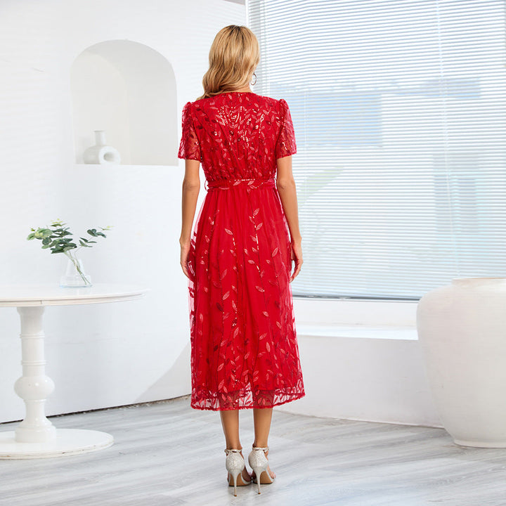 Drune | Kurzärmliges Kreuz V-Ausschnitt Gürtel Midi Kleid