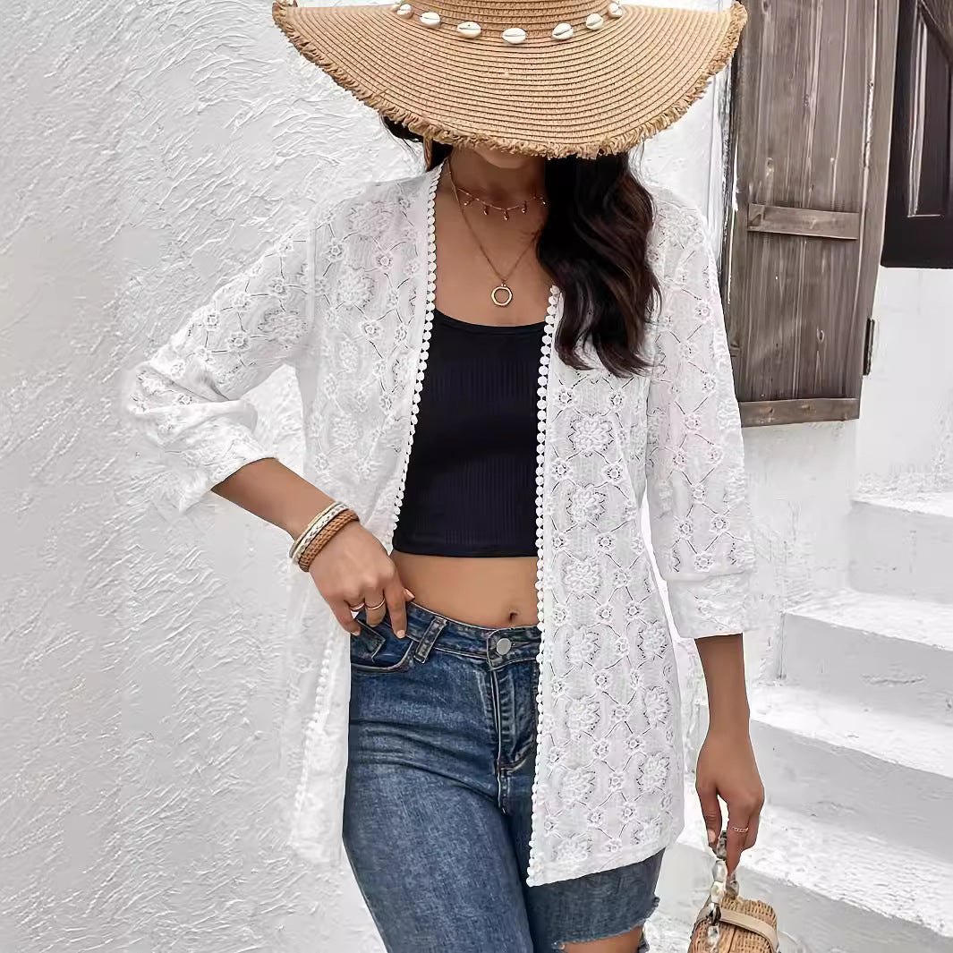 Damen nan luftiger Spitzenkimono Strandcardigan mit gehäkelter Bordüre Drune