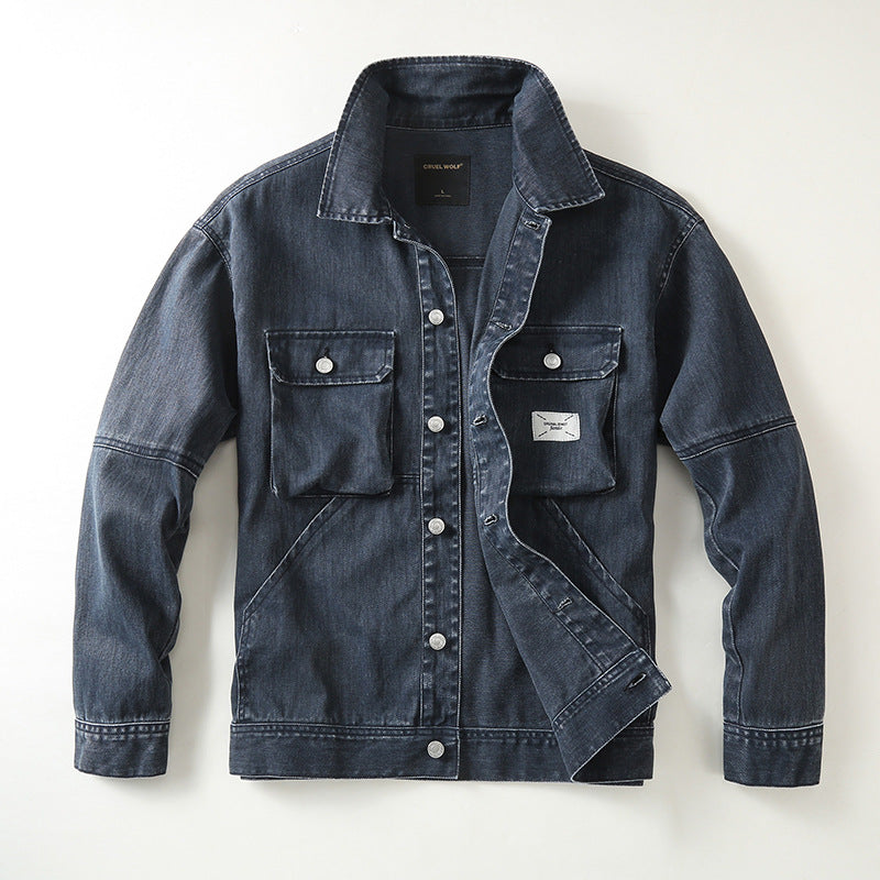 Herren Utility-Denimjacke mit Oversized-Brusttaschen und durchgehender Knopfleiste Drune