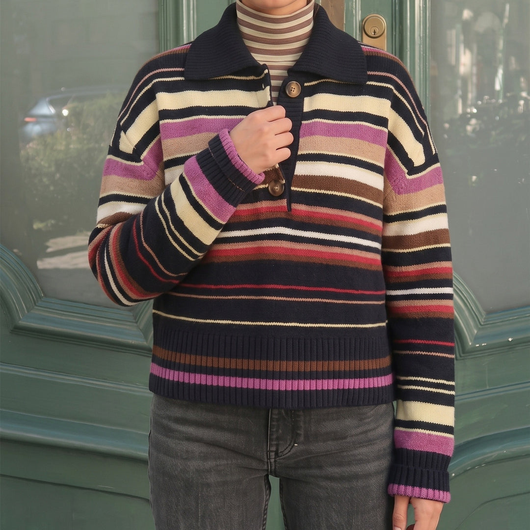 Damen Gestreifter Strickpullover mit Polokragen & Knopfleiste Drune