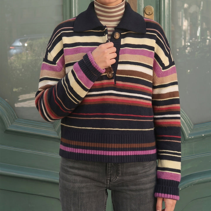 Damen Gestreifter Strickpullover mit Polokragen & Knopfleiste Drune