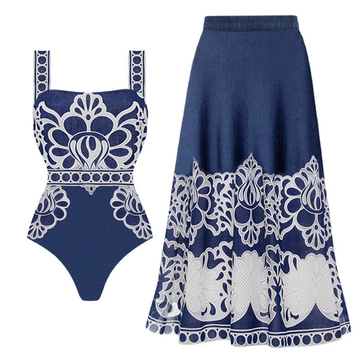 Damen eleganter einteiliger Badeanzug mit aufwendiger Spitzenverzierung Drune