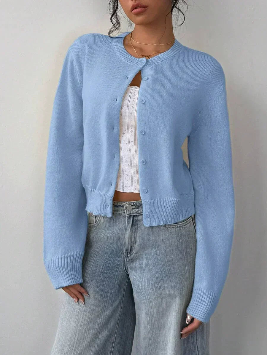 Drune | Strickjacke Pullover Weiche Strickware Cropped Fit Knopf Front Rippensaum