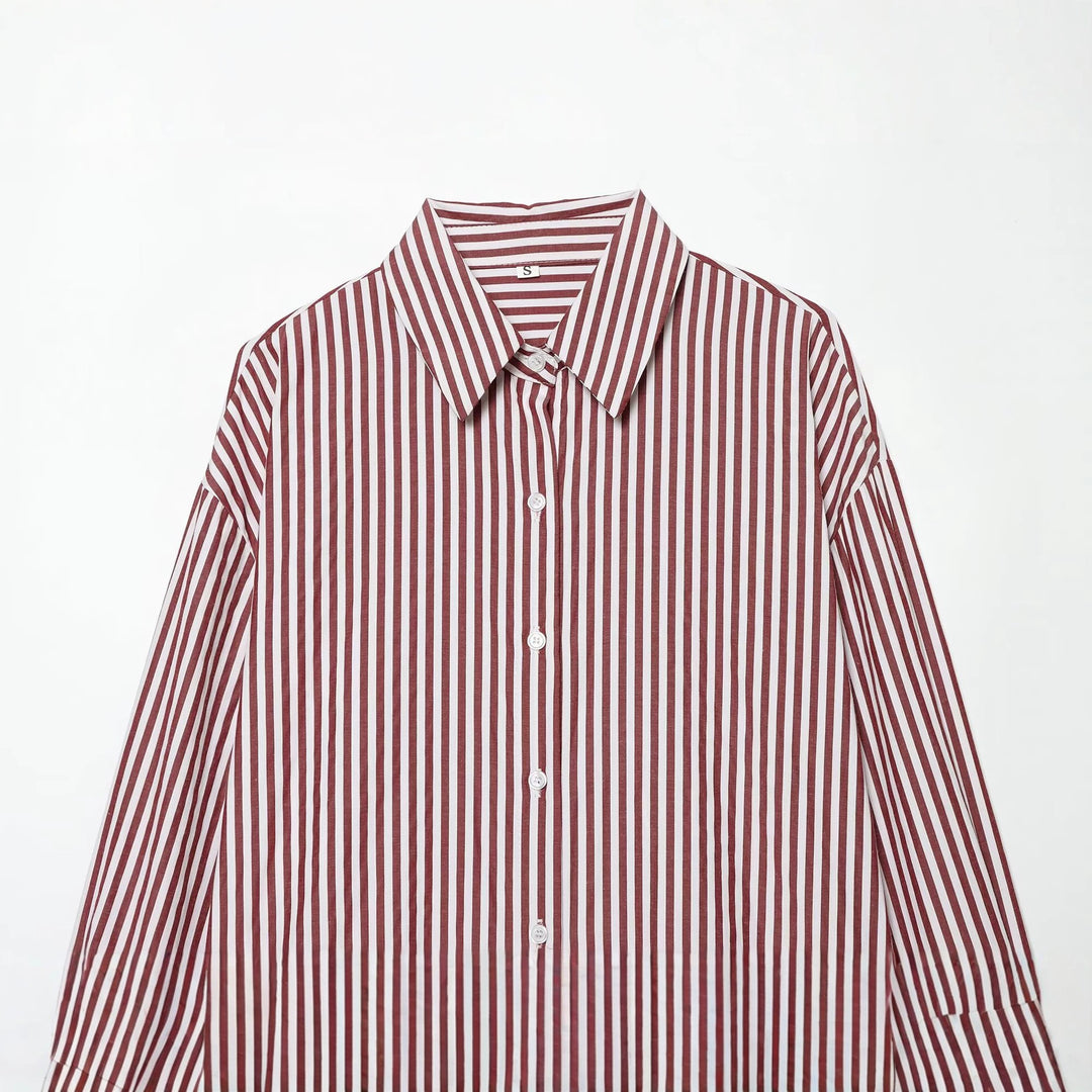 Damen Oversize Streifen‑Hemdbluse mit überschnittener Schulter und verlängertem Saum Drune