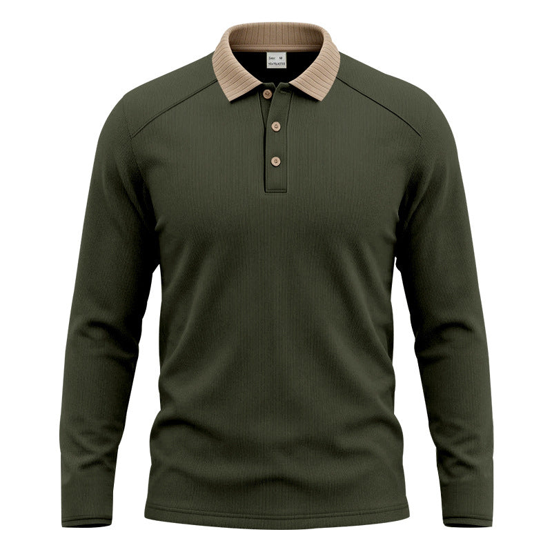 Herren Langarm-Poloshirt mit gerippter Kontrastkragen und feiner Waffelstruktur Drune