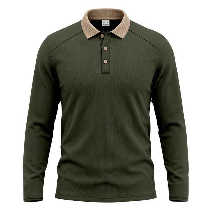 Herren Langarm-Poloshirt mit gerippter Kontrastkragen und feiner Waffelstruktur Drune
